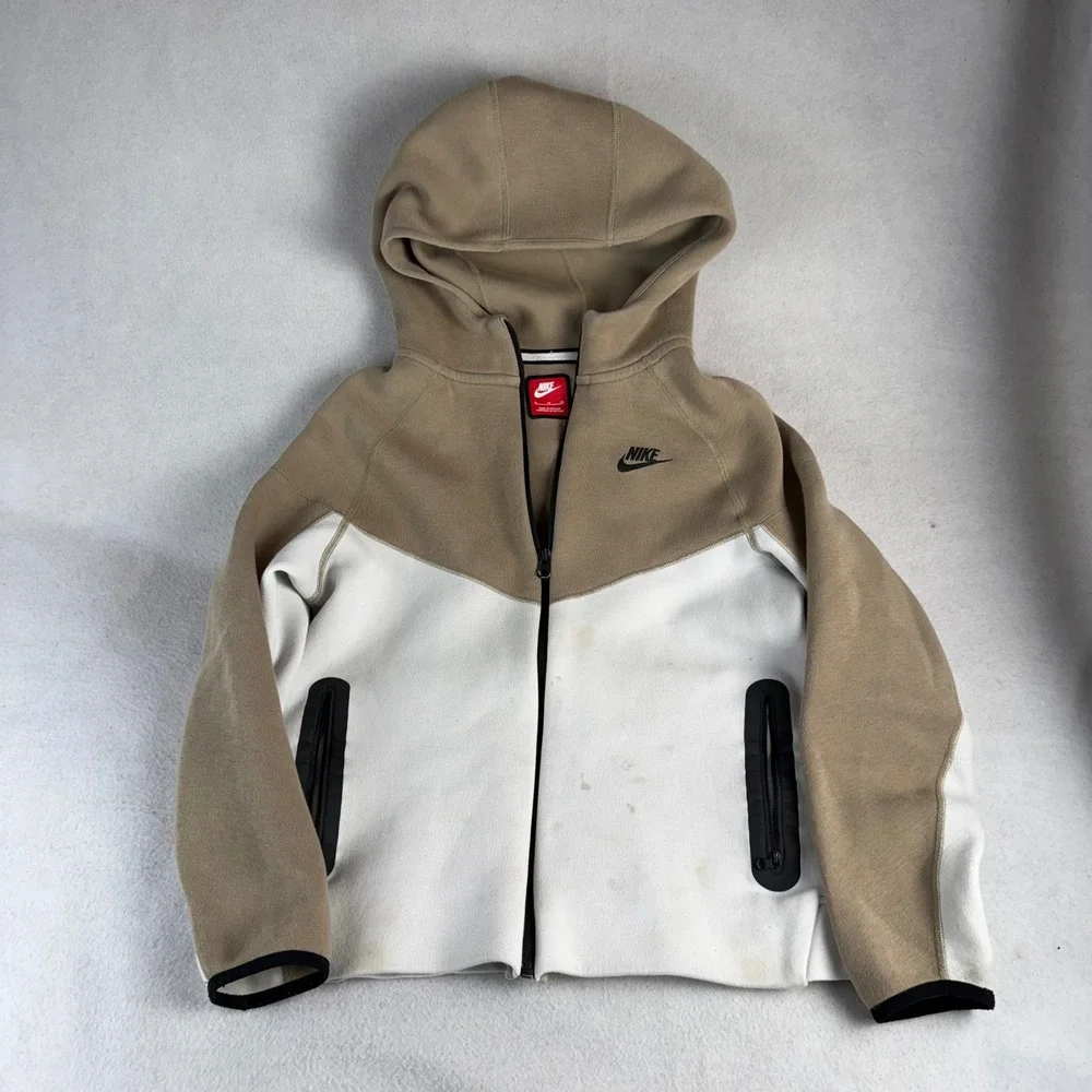 Nike Tech Fleece Full Zip Hoodie Kids XL Khaki White Colorblock CU9223-247